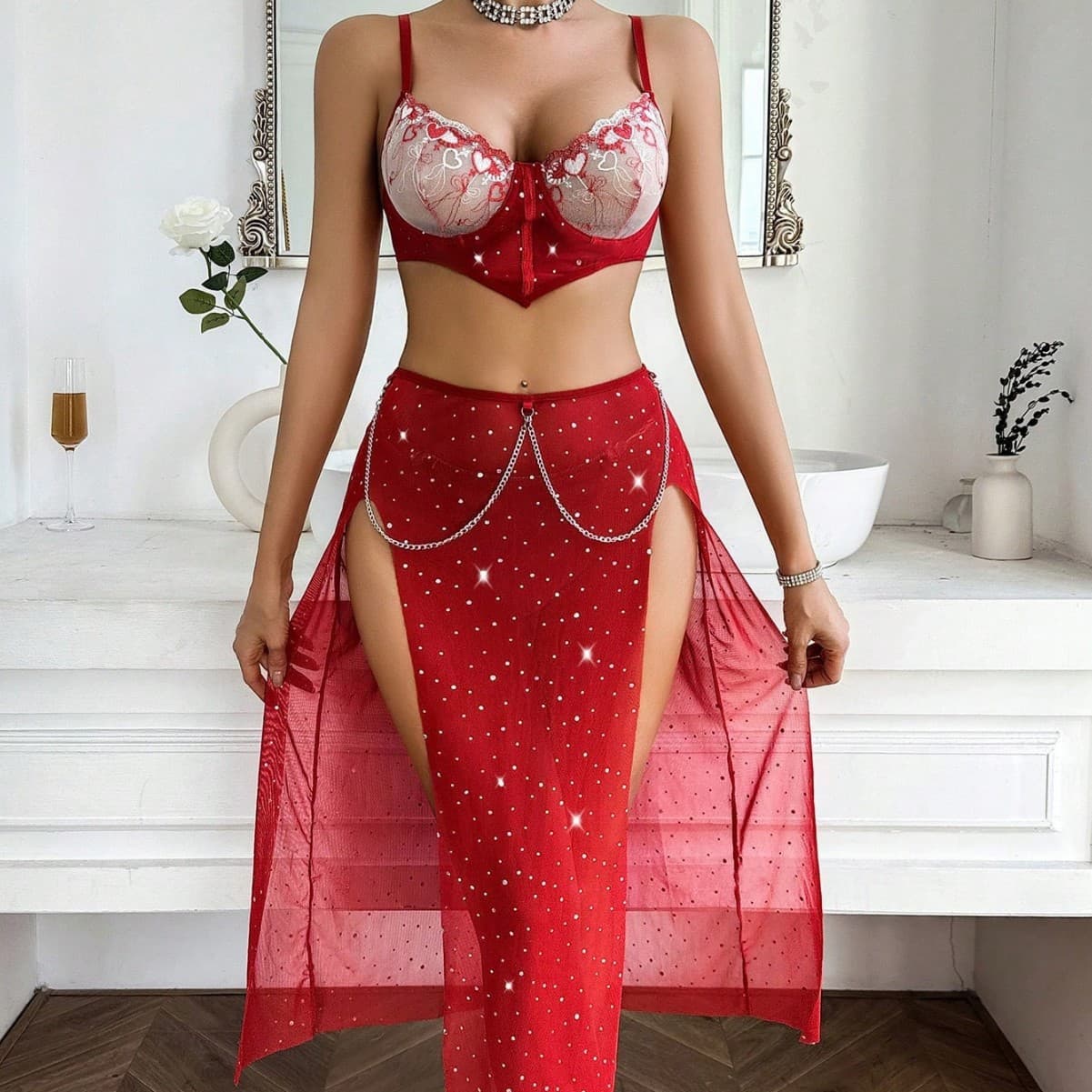 Sexy Lingerie Foreign Trade Cross-Border Red Lace Embroidery Seductive Underwear for Women, Thin Push-Up Set
