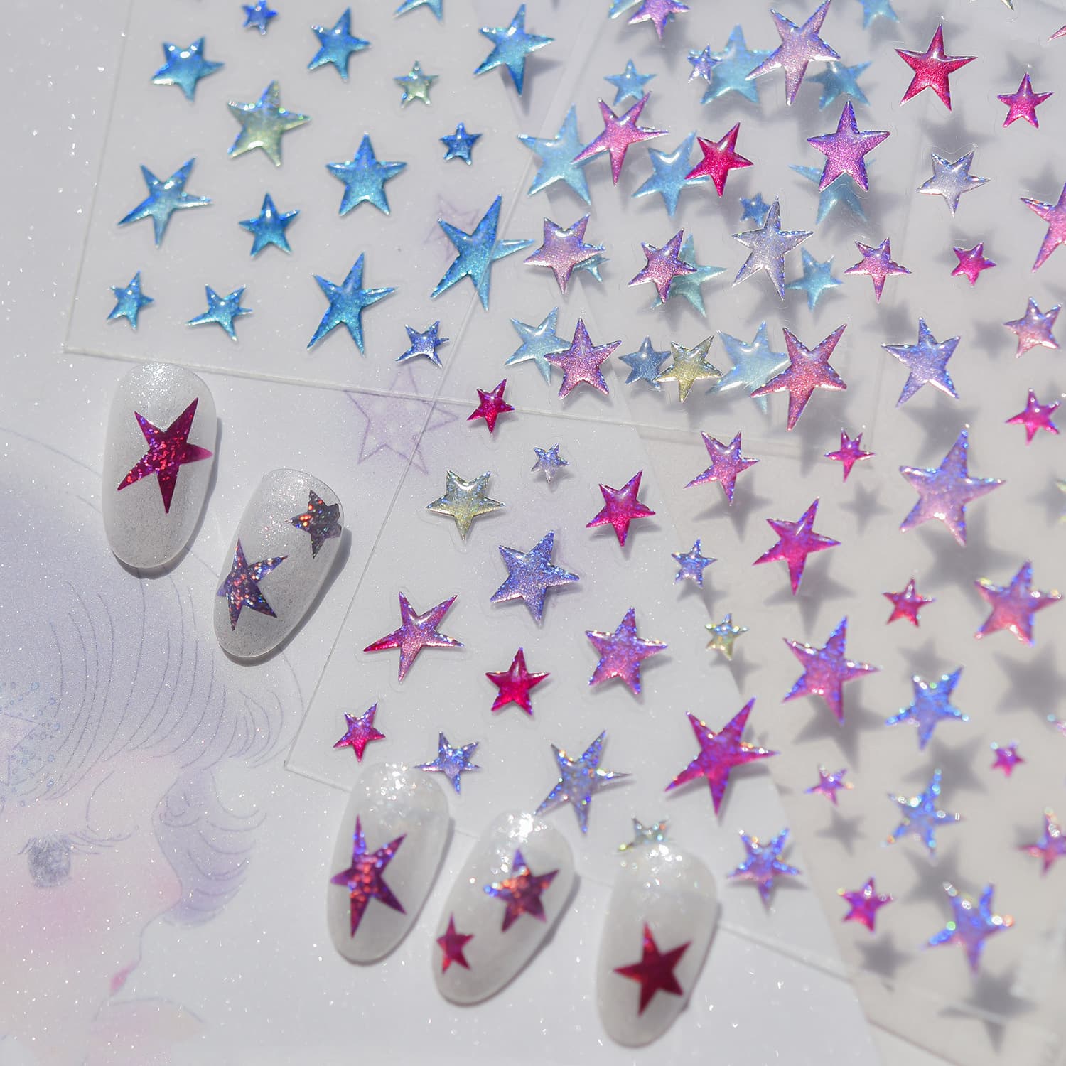 Jelly Nail Stickers Ins Style Sweet Cool Glitter Nail Decals Sweet Pink Star Ornament Stickers Press-On Nails