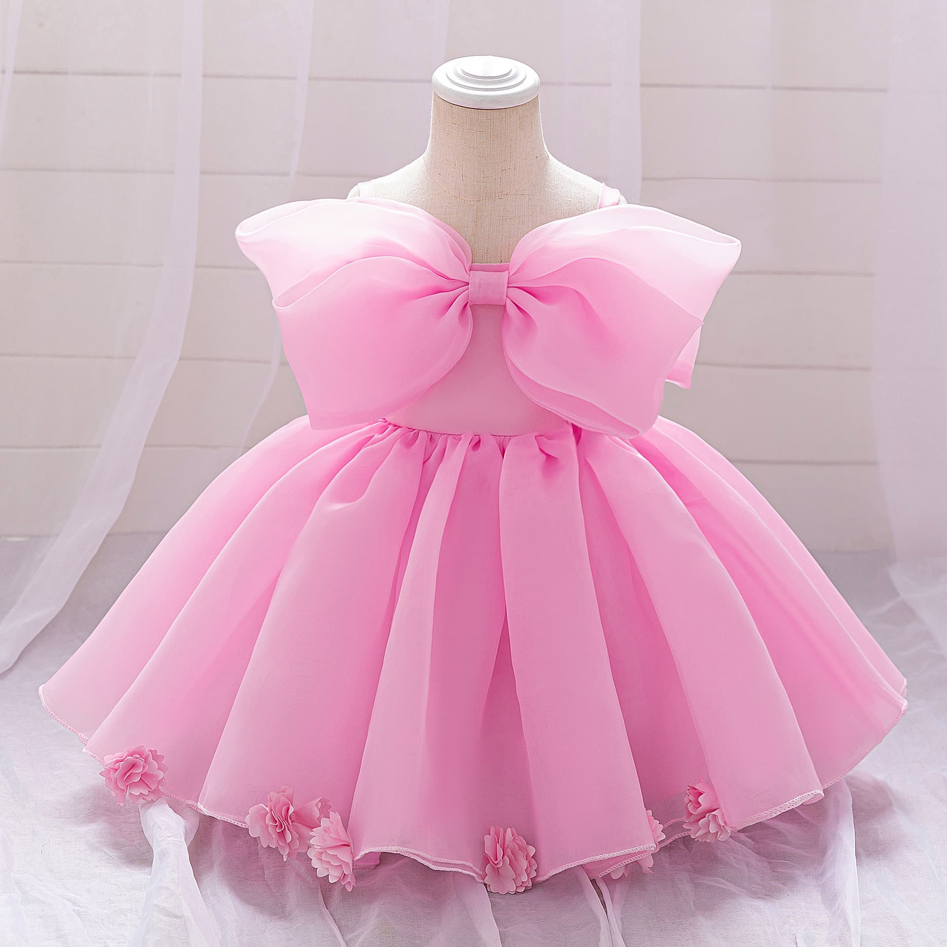New European and American Children's Performance Dress White Applique Princess Dress Birthday Party Dress Tutu Tulle Skirt Performance Costume