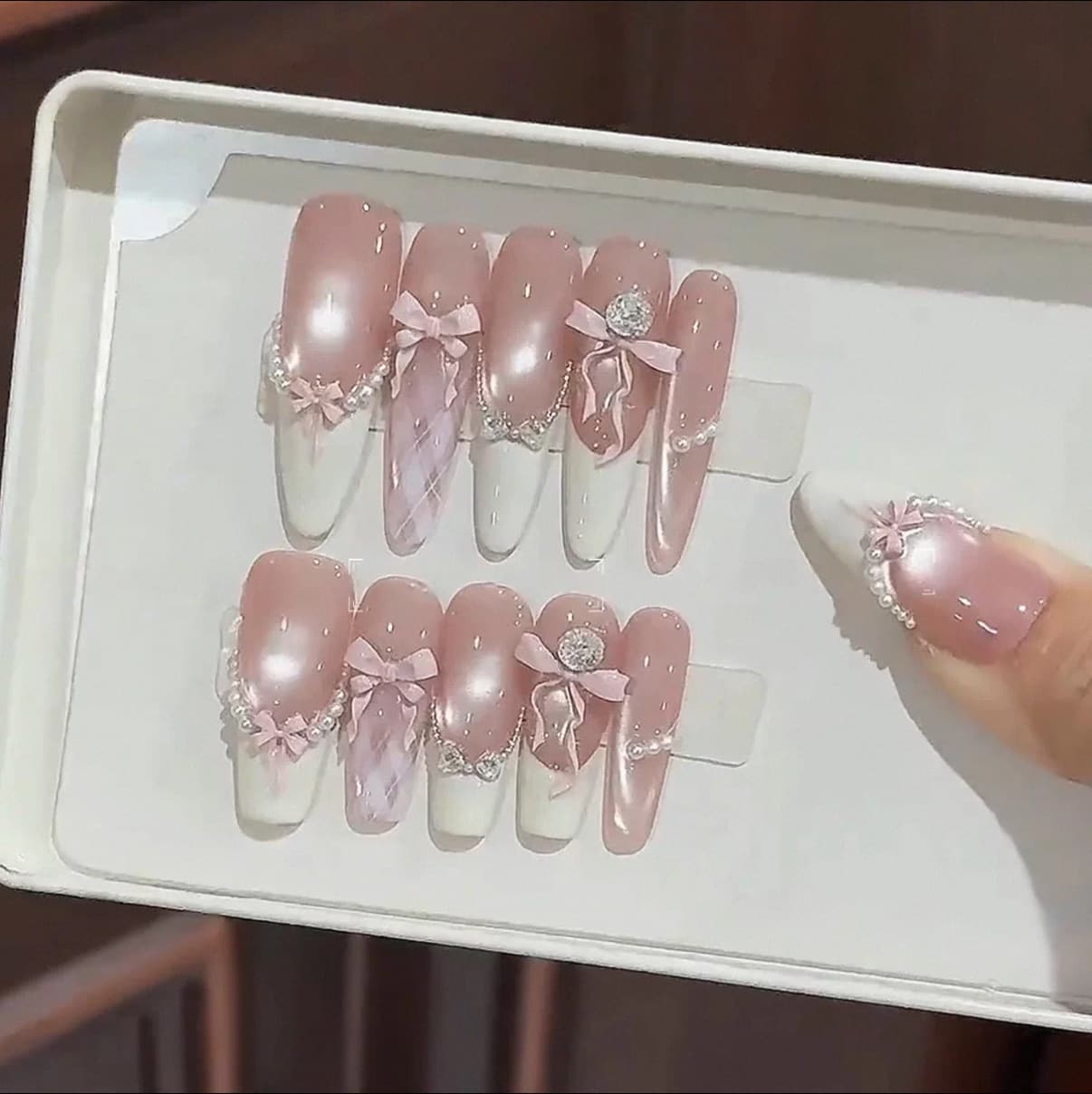 [Pink Satin Sweetheart] French Pink Cat Eye Butterfly Handmade Press-On Nails, Elegant Manicure, Removable Nails