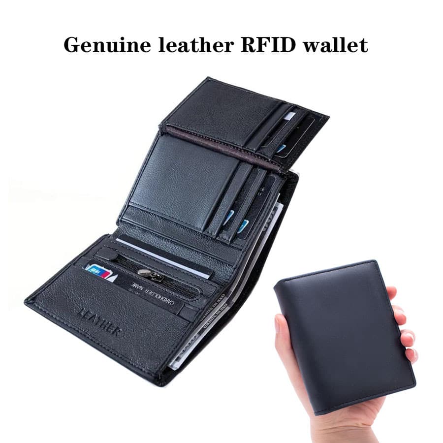 Men's Genuine Leather Wallet RFID Anti-Theft Credit Card Holder Top Layer Cowhide Magnetic Proof Tri-Fold Card Holder Money Clip