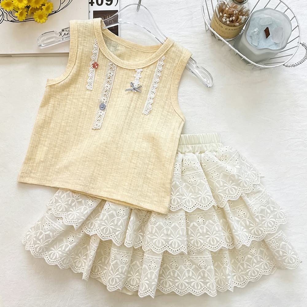 Girls' Sleeveless Top Lace Cake Skirt Set Summer New Korean Style Anti-Exposed Skirt and Pants Set for Children and Middle School Children