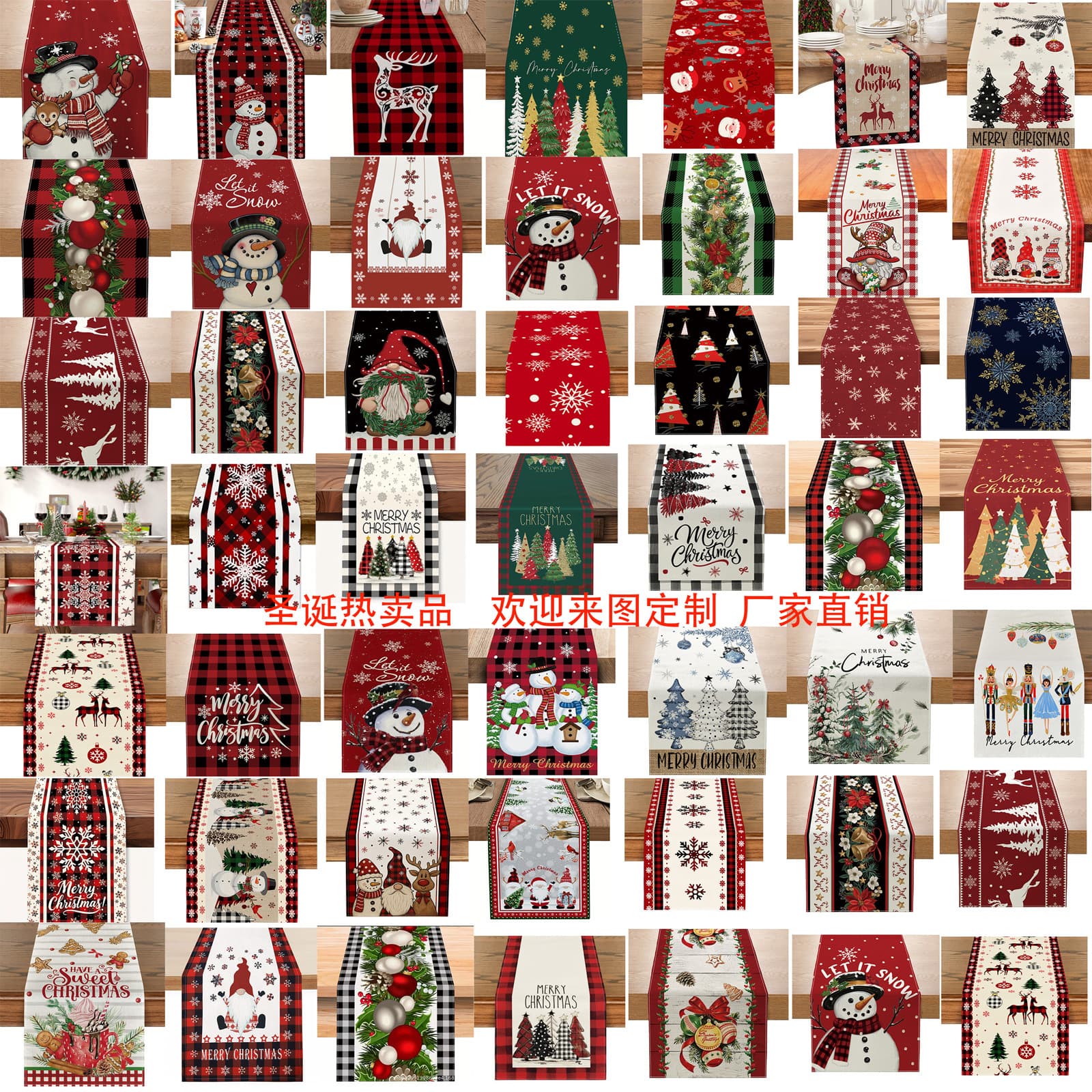 New Amazon Cross-Border Christmas Table Runner Factory Direct Christmas Tree Santa Claus Print Dining Table