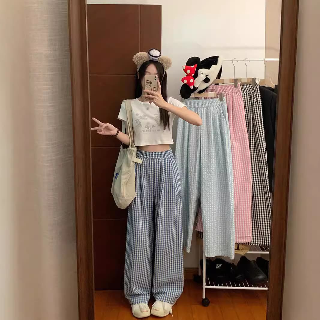 High-Waisted Slimming Straight-Leg Pants Casual Loose-Fit Bell Bottoms Plaid Color Blocking Women's Trousers Dragging Pants