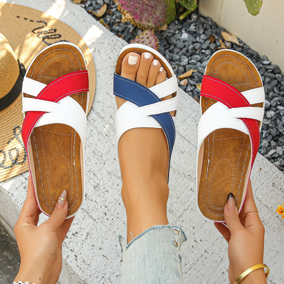 Two-tone 2025 One-strap Wedge Heel Sandals, Large Size Thick Sole, Cross-border New Women's Peep Toe, Wholesale European and American Style Summer