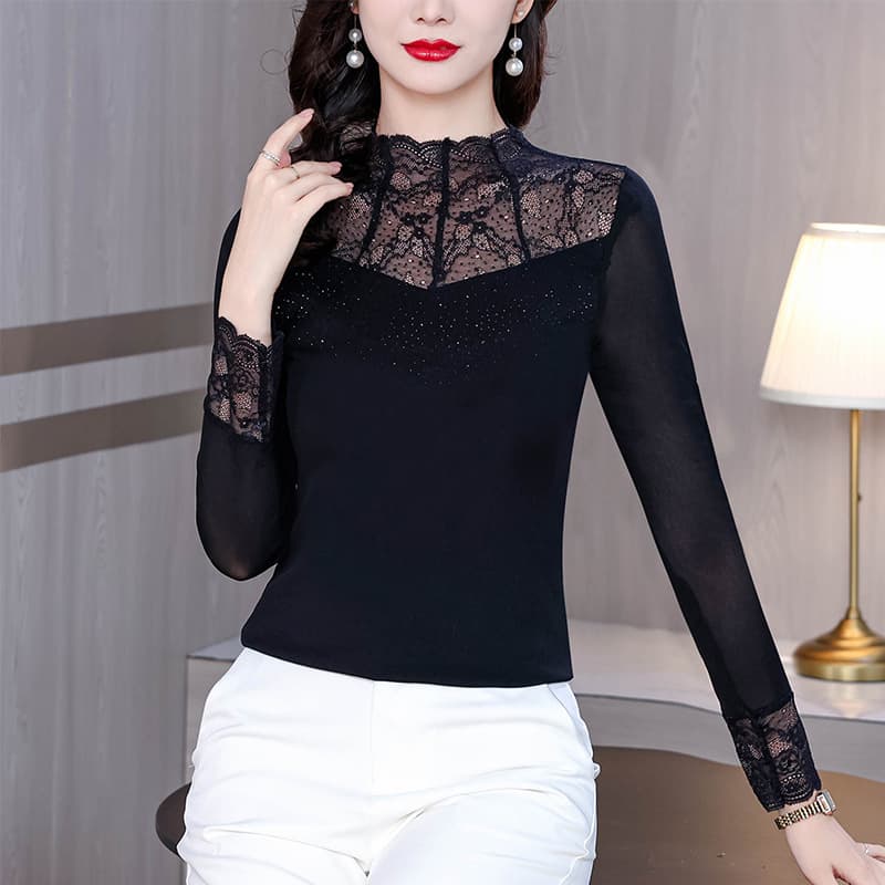 2026 Spring New Lace Mesh Patchwork Rhinestone Slim Fit Stylish Base Top