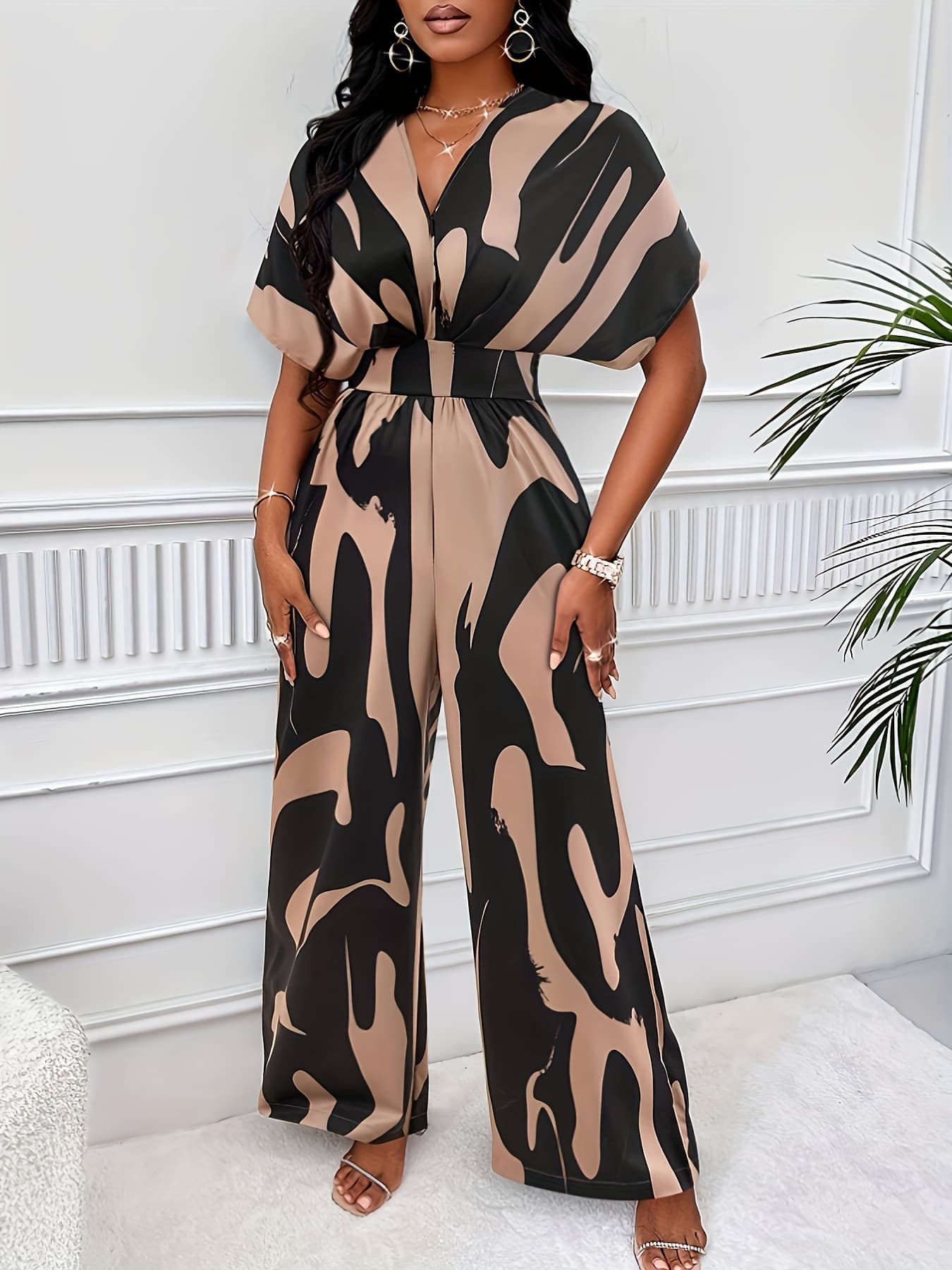 All-Over Print Batwing Sleeve Wide Leg Jumpsuit for Women, Trendy Cross-Border Amazon Temu