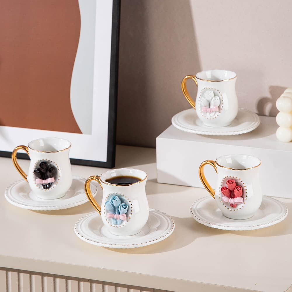 Creative Ceramic Hand-Pinched Floral Coffee Cup Saucer Home Gold-Rimmed Coffee Cup Saucer Espresso Cup Saucer Red Tea Cup Saucer