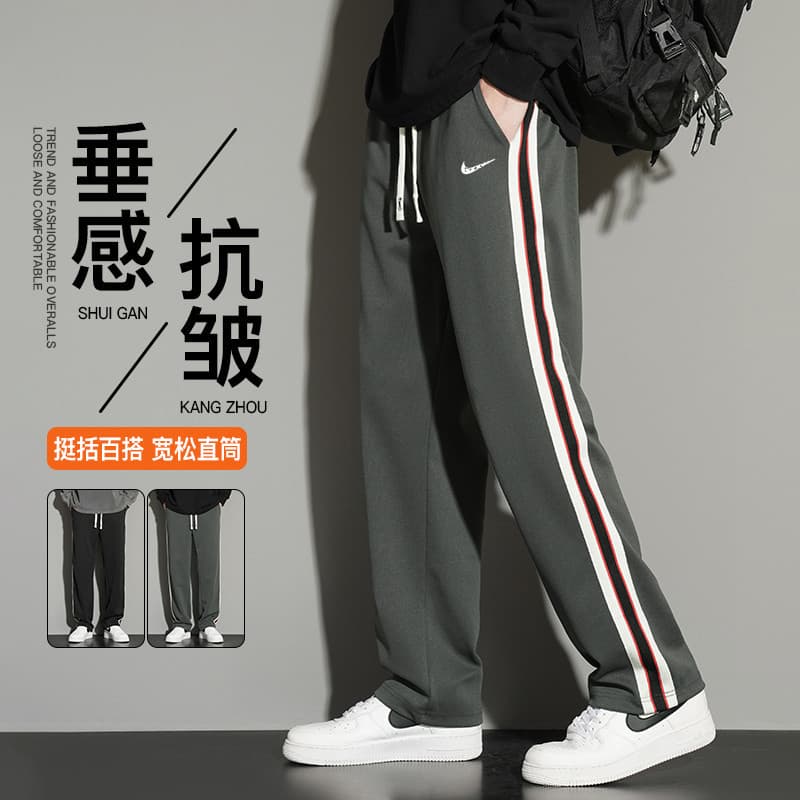 2025 Sports Loose Gray Striped Casual Pants for Men Spring Sweatpants Straight Leg Hong Kong Style Versatile Wide Leg Long Pants Women Trendy