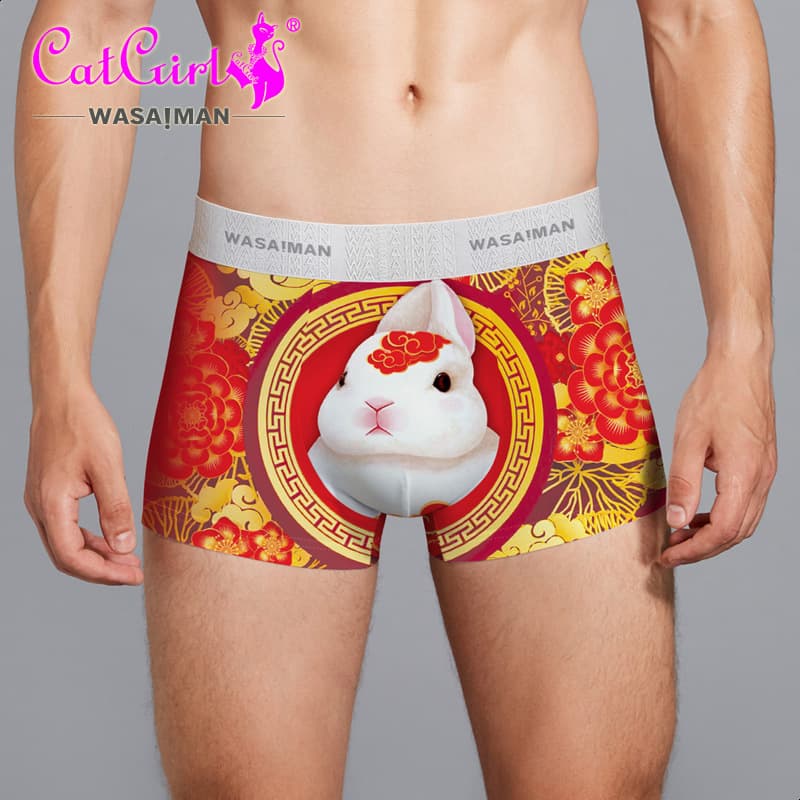 Year of the Rabbit Red Boxer Briefs for Men, Ice Silk Material, Zodiac Year Underwear, Rabbit Year Birthday Gift