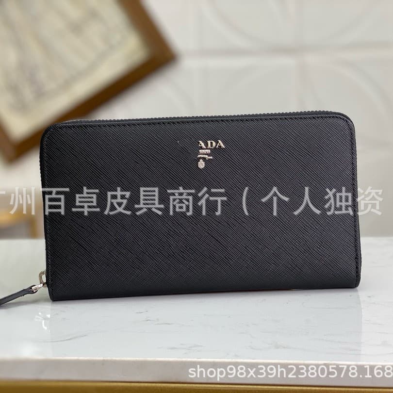 P Lada triangle logo wholesale men's clutch bag single zipper cross pattern genuine leather wallet wallet with logo cross-border