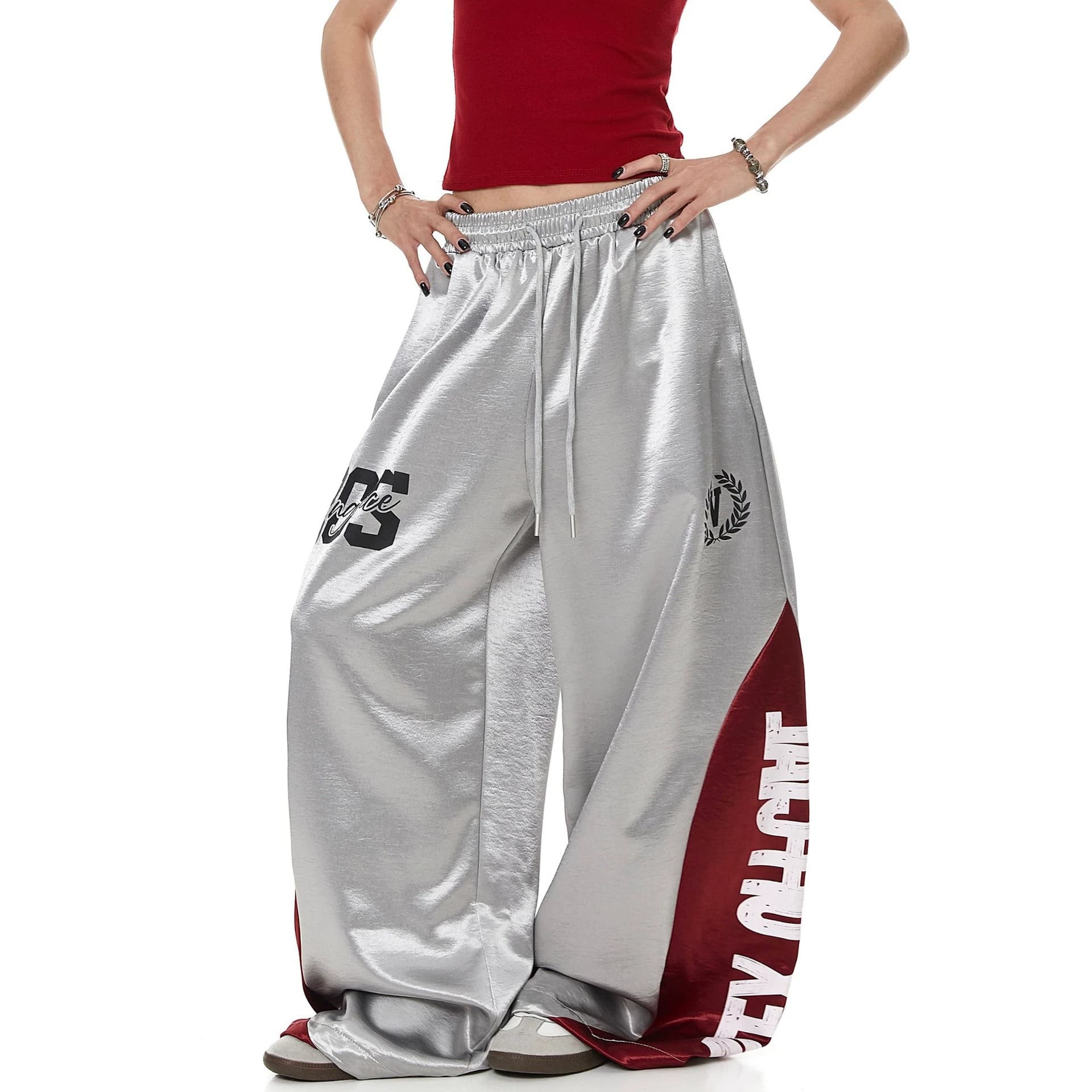 American Retro High-Street Contrast Color Block Letter Print Unisex Glossy Sweatpants Loose-Fit Draped Cuffed Wide-Leg Pants