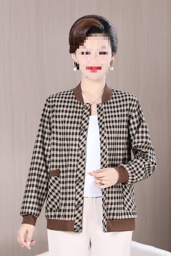 Spring/Autumn New Jacket, Casual Plaid Top for Middle-Aged and Elderly Women, Fashionable Coat, Chic Mother's Wear