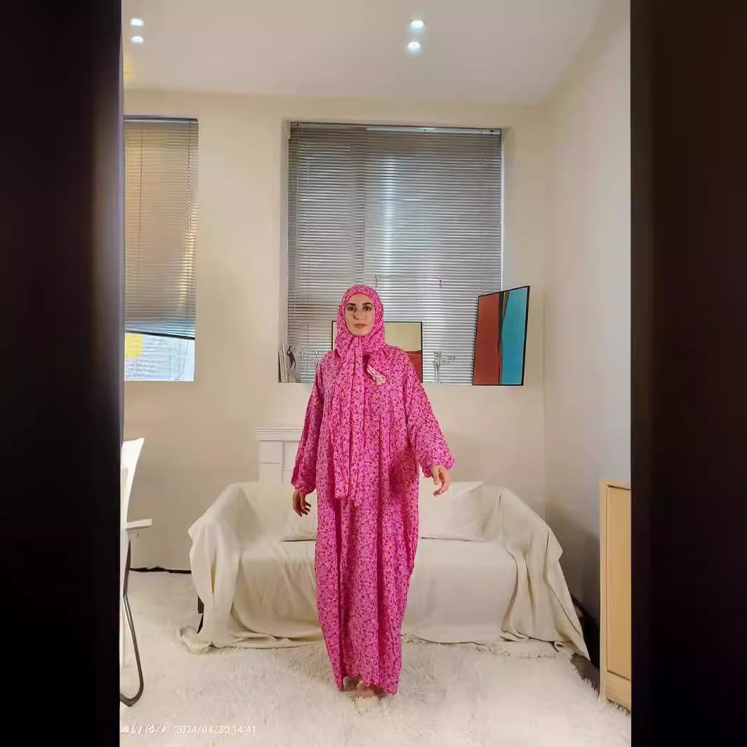 Modest Long Dress Women's Loose Comfortable Fashion Print Robe with Headscarf