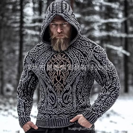 Amazon Independent Site Cross-Border European and American Viking Ethnic Style Men's Hooded Pocketless Casual Printed Sweatshirt