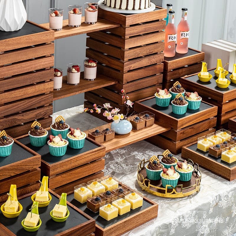 Wooden Buffet Dessert Display Stand, Chinese-Style Cake and Pastry Tray Rack for Cold Buffet and Tea Party Table Setting
