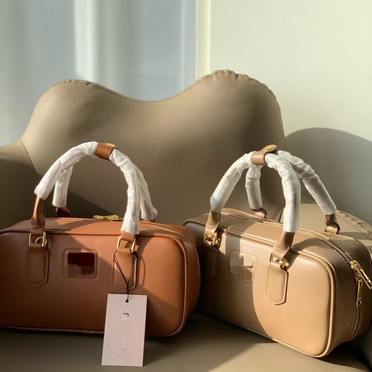 MIUu Genuine Leather Boston Bag Handbag Bowling Bag Shoulder Crossbody Bag Women's Purse High-End Style