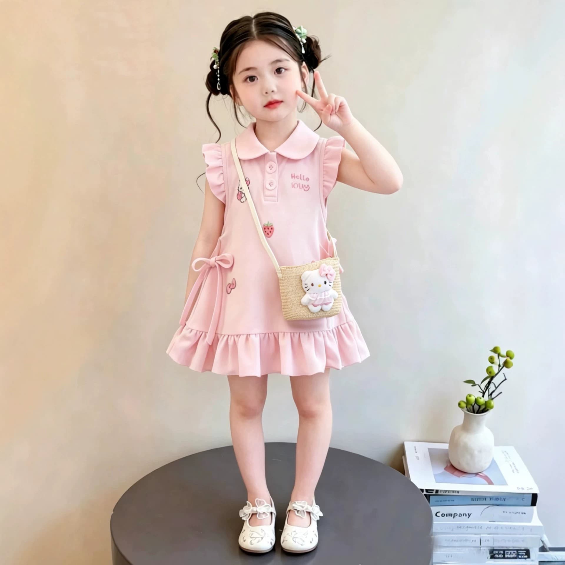 Girls Summer Polo Dress New Children's Flutter Sleeve Princess Dress Stylish Baby Pink Dress