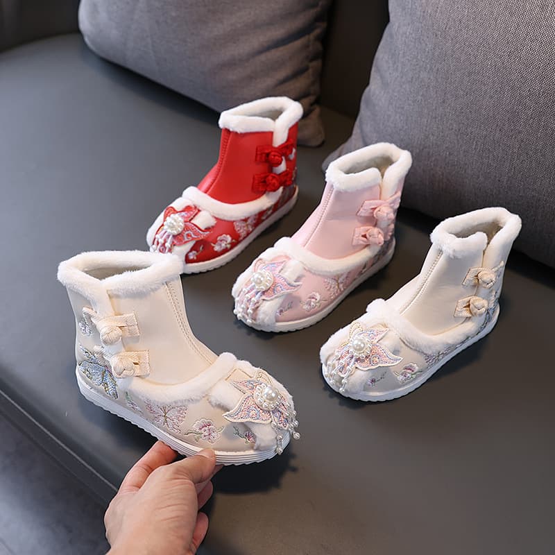 Girls' Hanfu Shoes Winter Children's Boots Shoes to Match Horse-face Skirts Ancient-style Snow Boots Fleece-lined Embroidered Shoes Autumn Winter