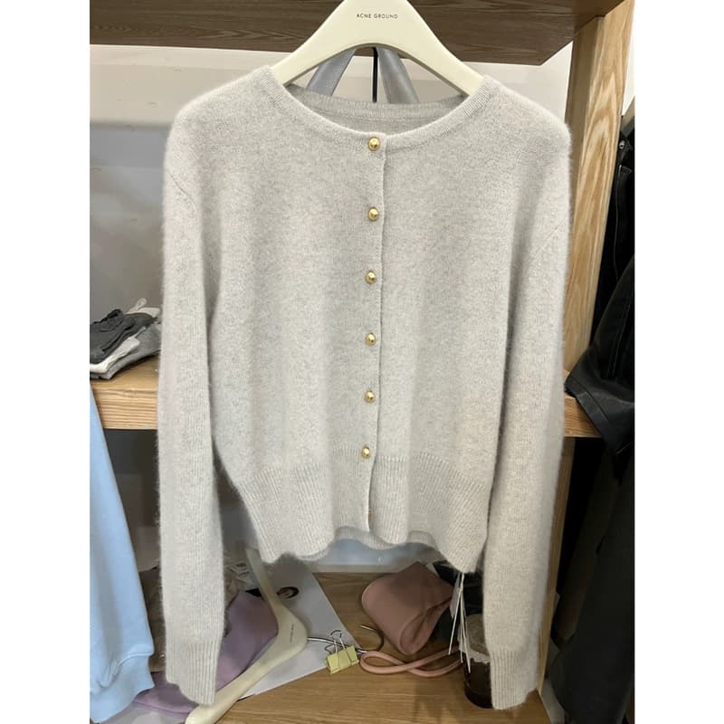 Comfortable Loose Short Cashmere Knit Cardigan for Women, Spring/Autumn Round Neck Sweater Coat, Petite Wool Top Long Sleeve