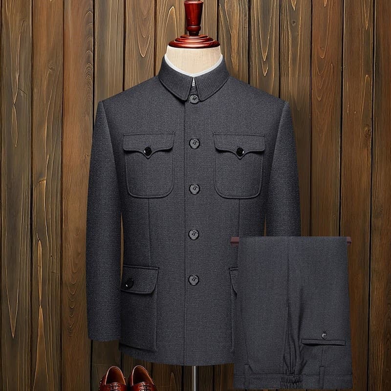Spring and autumn Zhongshan suit men's set, dad's outfit, elderly coat, Republic of China style vintage grandpa's Zhongshan suit attire.