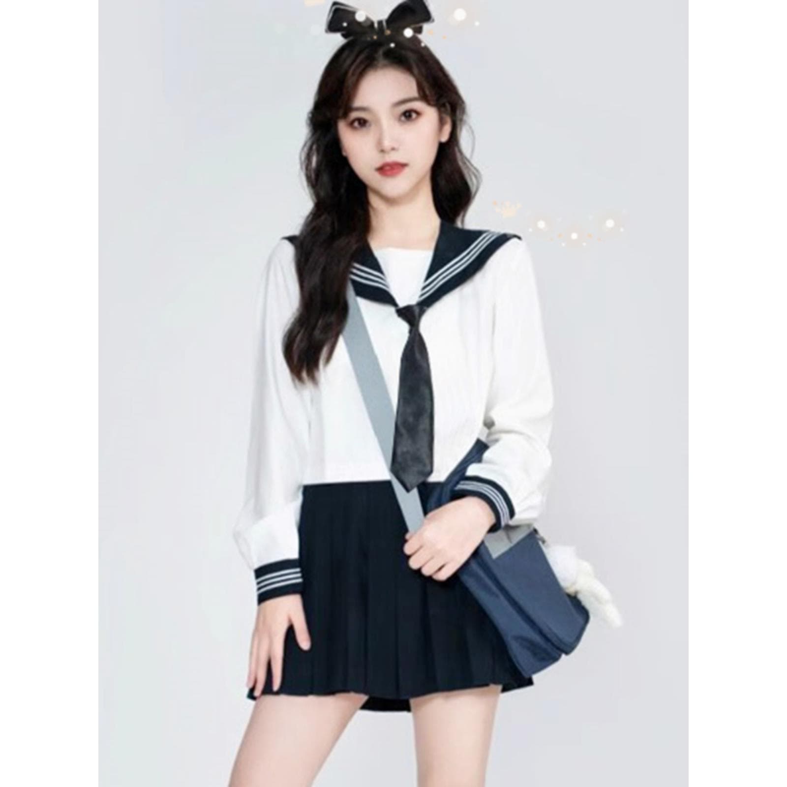 JK Uniform Set Sailor Blouse White Shirt Women's Graduation Class Uniform Authentic Japanese Style School Uniform Navy Collar Top