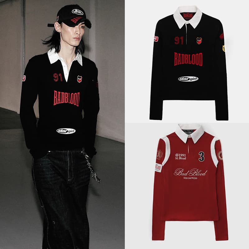 Badblood American Style Red Polo Collar Top Hot Girl Casual Color Block Embroidered Long-Sleeve Base Layer Autumn T-Shirt Women