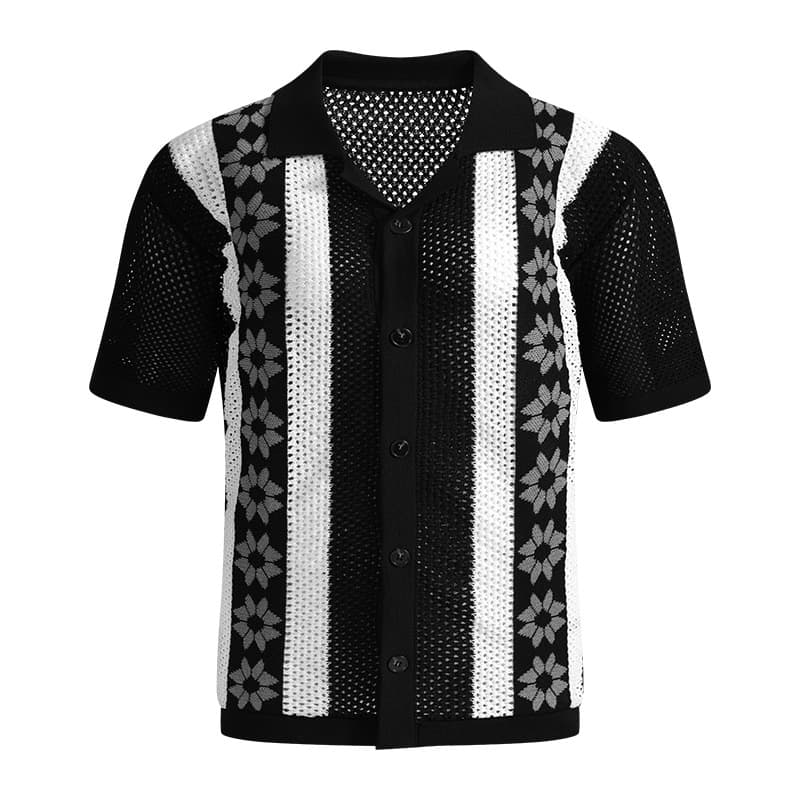 2026 Summer Cross-border Amazon 3D Men's Hollow Short Sleeve Cardigan Contrast Stripe Breathable Casual Top