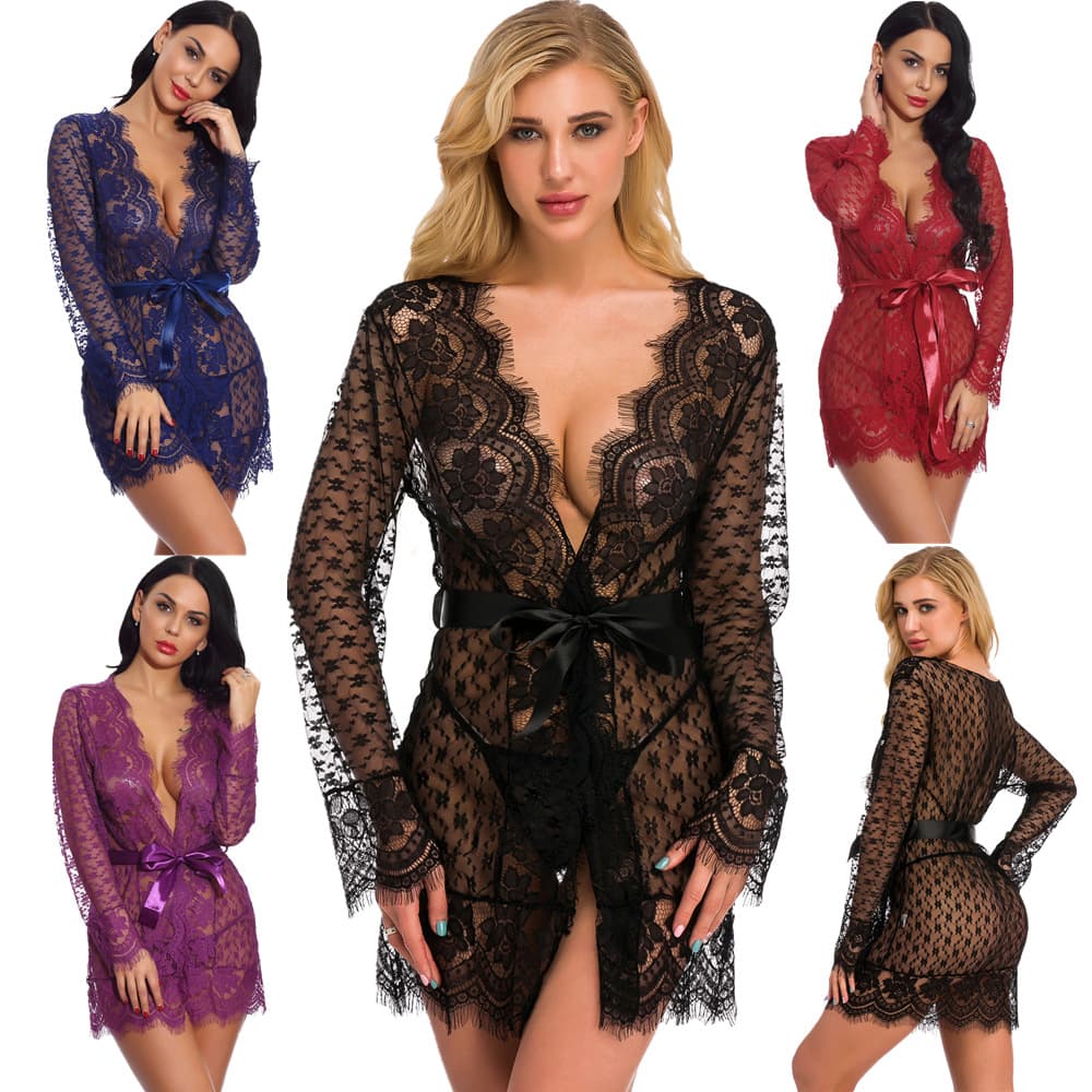 Long-sleeved Cardigan Sleepwear Lingerie New Seductive Lace Sexy Lingerie Women's Homewear Drop Shipping In Stock