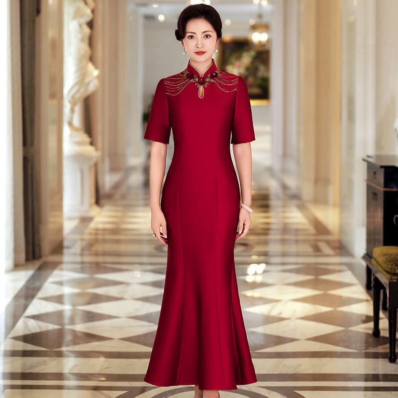 High-end Mother of the Bride Wedding Dress New Chinese Style Modified Cheongsam Fashion Beaded Mermaid Long Dress