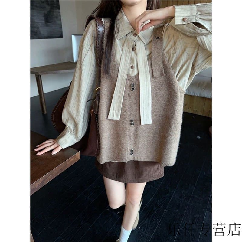 Forest Style Sweet Youthful Loose Slimming Vest Knitwear Women's Bow Tie Blouse Set