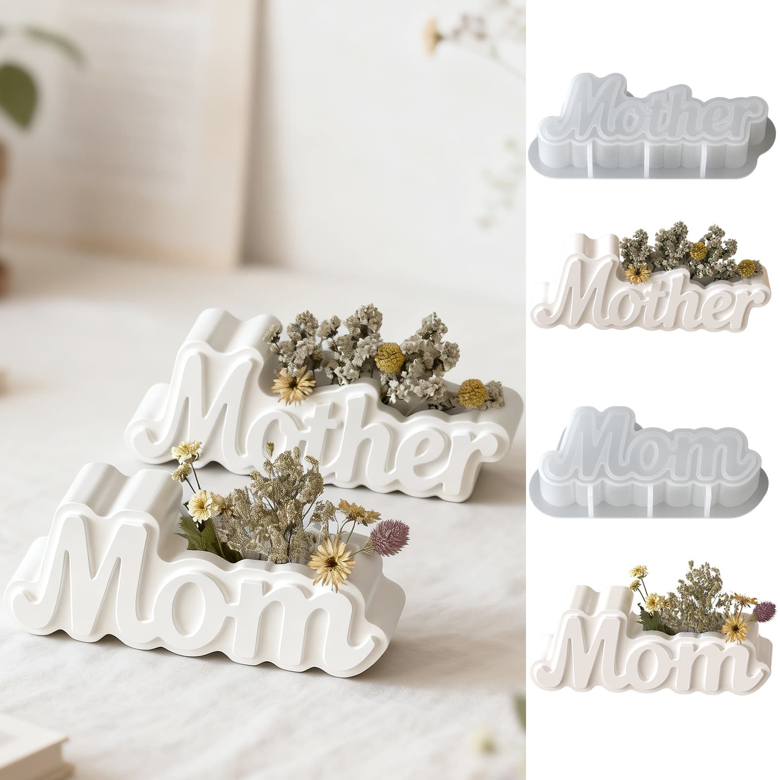 Hot Selling Mother's Day English Plaster Ornament DIY Aromatherapy Mother Mom Letter Flower Vase Silicone Mold