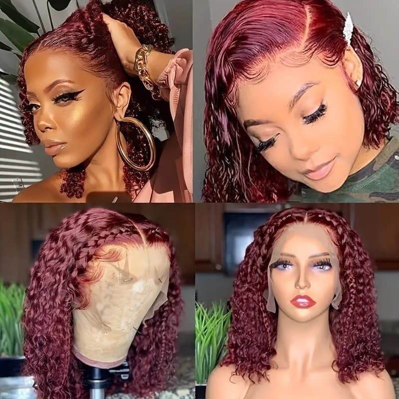 Yiwu Wig European and American Wig Women 13*4 Front Lace Wine Red Small Curl Short Curly Hair African Synthetic Wig