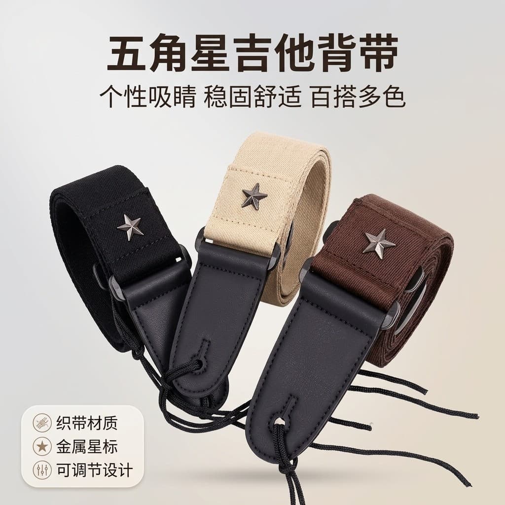 Five-pointed Star Wood Guitar Strap, Electric Guitar Thickened and Widened Shoulder Strap, Folk Acoustic Bass Diagonal Strap, Personality Guitar Strap