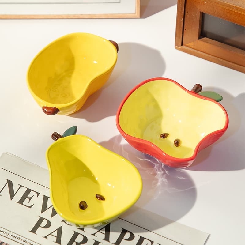 Creative Cute Fruit Ceramic Bowl and Spoon Set, Apple Banana Pear Shape Small Bowls for Kids Breakfast Dessert Bowls
