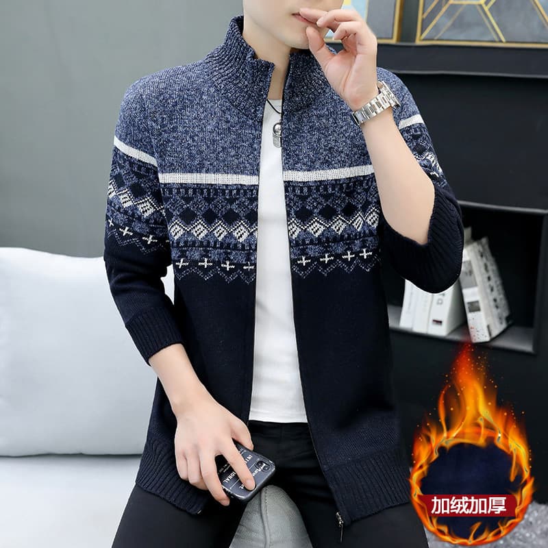 Cross-Border Exclusive Men's Fleece-Lined Thickened Knit Cardigan Winter New Stand Collar Loose Color-Block Button-Up Sweater Wholesale Men