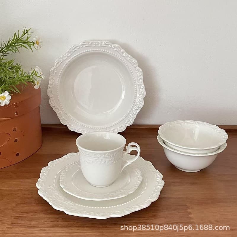 Light Luxury French Vintage Palace Style Embossed Pure White Ceramic Dinner Plate Pasta Plate Steak Plate Rice Bowl