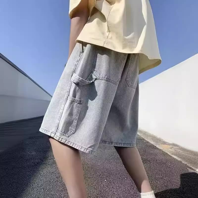 2024 Men's Denim Shorts Summer Loose Straight Workwear Five-Point Pants American Retro Wide-Leg Casual Riding Shorts
