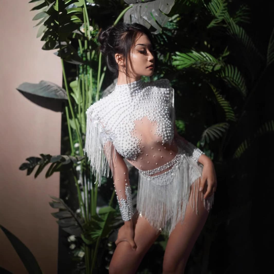 Sexy Tight Bodysuit Nurse New High Cut Rhinestone Pearl Fringe Stage Performance Costume