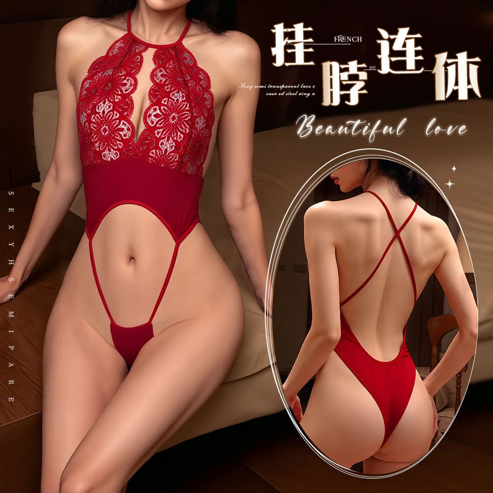 Sexy Lingerie Hot One-Piece Bikini Swimsuit See-Through Crotchless Thong Ice Silk Bodysuit Outdoor Hollow-Out Set