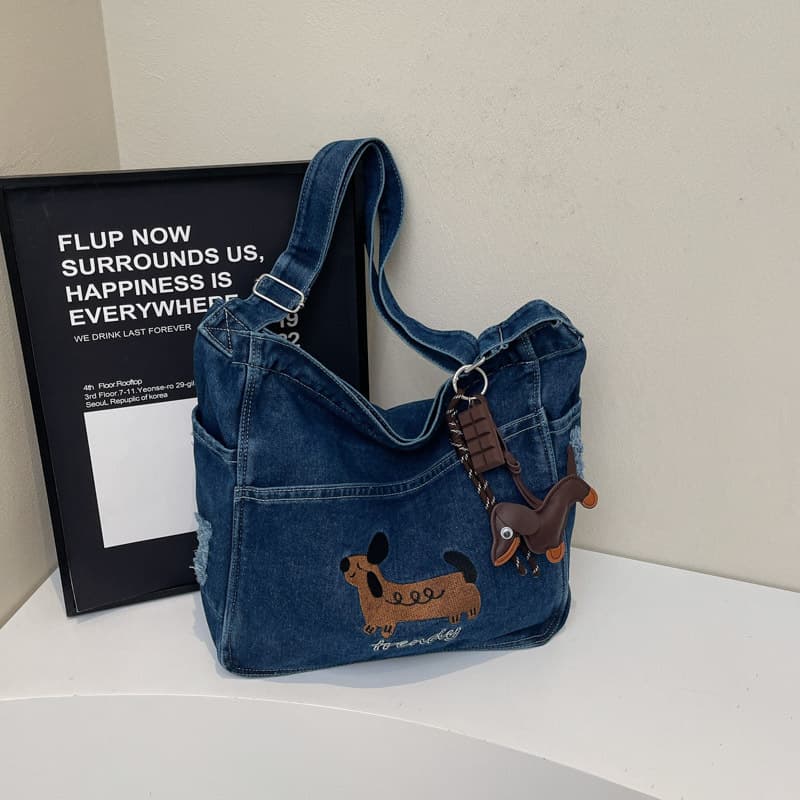 2026 New Style Single Shoulder Crossbody Bag Embroidered Denim Student Backpack Canvas Bag Women's Fashion Versatile Casual Dachshund Commute