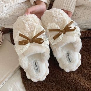 Fashionable Sweet Cute Bowknot Plush Postpartum Shoes for Women, Winter Student Anti-slip Home Cotton Slippers