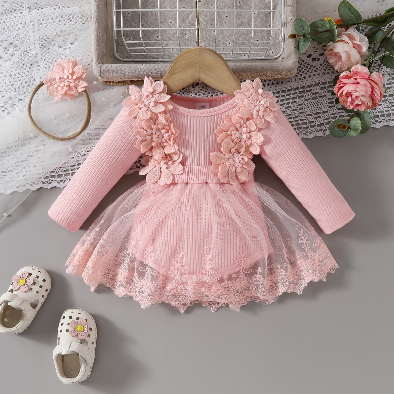 Summer Baby Girl Sweet Sleeveless Lace Triangle Bodysuit Tulle Dress Newborn Ruffle Flower Onesie Dress