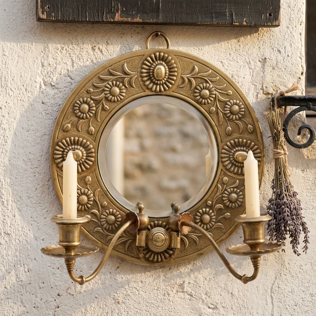 European Vintage Round Mirror Candle Holder Wall Decor, Iron Art Double-Arm Candle Holder Mirror, American Country Wall-Mounted Candle Shelf