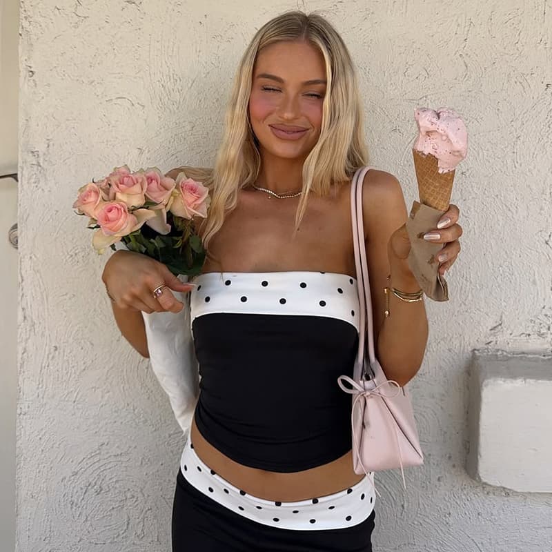 2026 Summer New Arrival Women's Fashion Polka Dot Patchwork Slim Fit Strapless Sexy Crop Top Wholesale