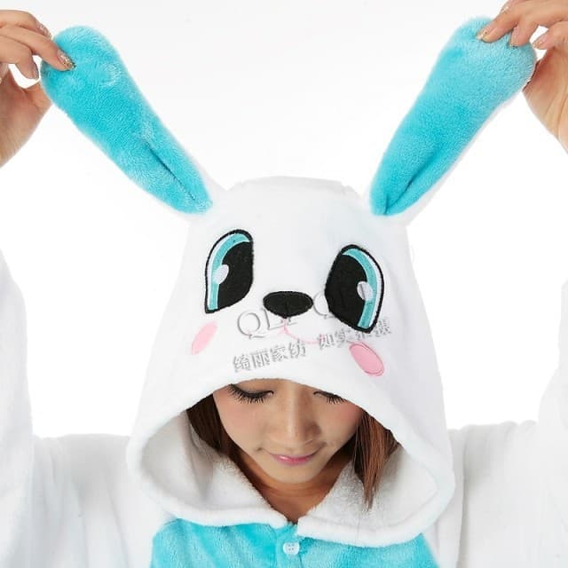 Cartoon Animal Onesie Pajamas for Kids - Rabbit Blue Flannel, Unisex Homewear, Warm Hooded Thick Style for Autumn and Winter
