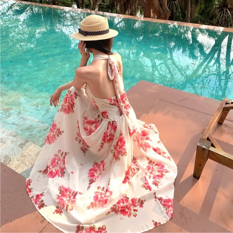 Sanya Beach Dress with Halter Neck, Backless Design, Printed Chiffon Long Dress, Waist-Tied Vacation Dress for Women, Spring Pink