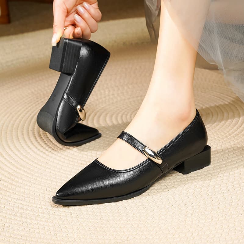 Pointed Toe Women's Shoes 2025 New Style Shallow Mouth Chunky Heel One-Strap Soft Leather Flats Commute French Professional Work Shoes