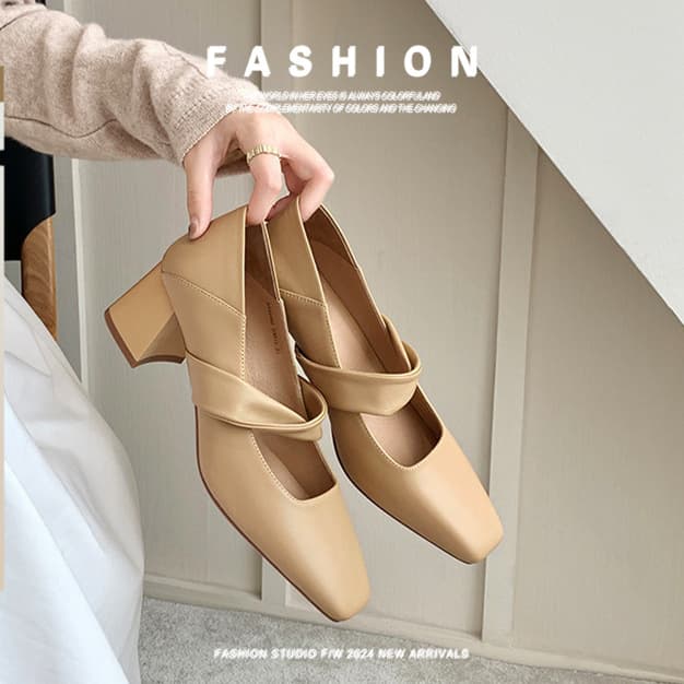 Trendy Square Toe Mary Jane Women's High Heels Chunky Heel Leather Shoes One-Strap Flats