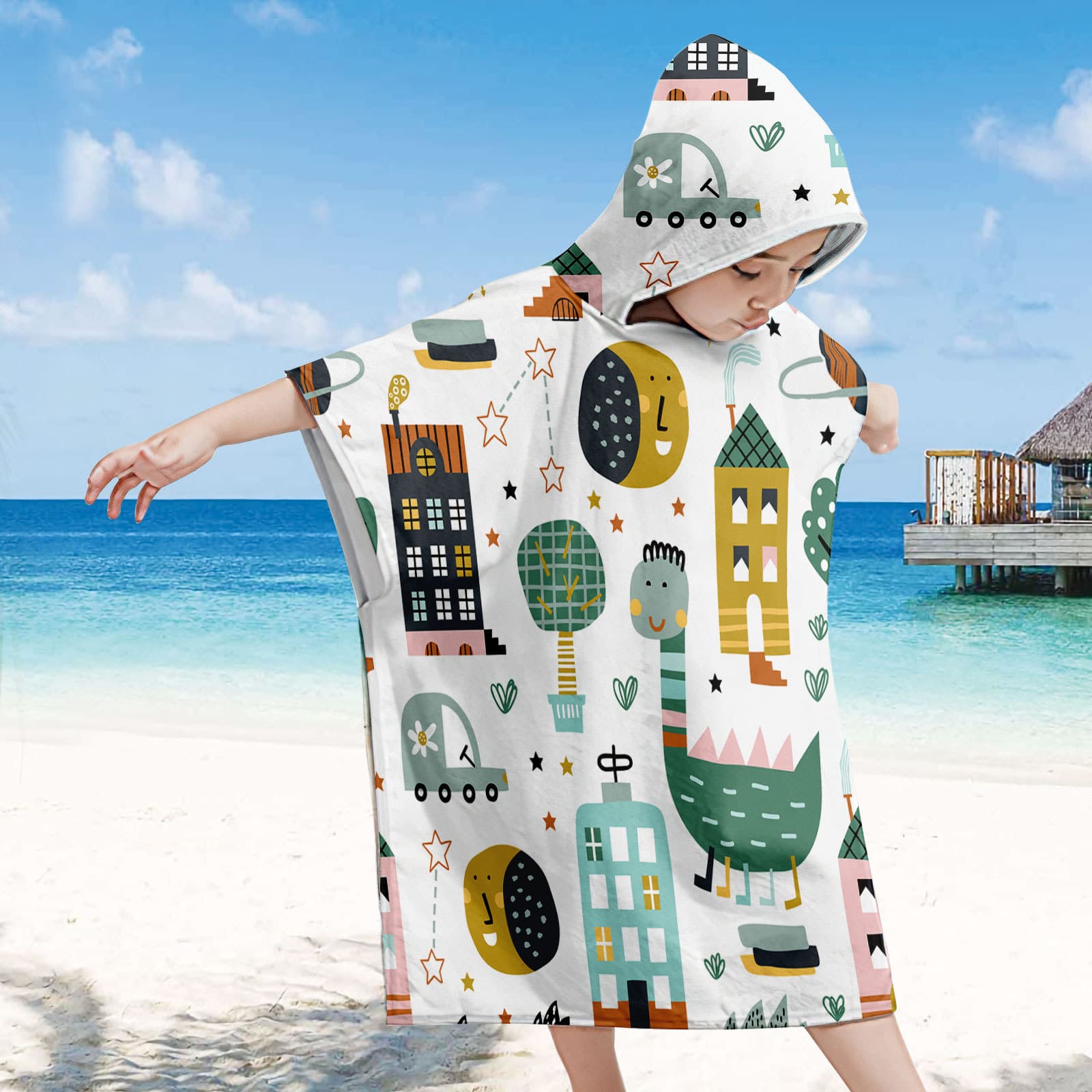 Dinosaur Kids Beach Sun Protection Hooded Cape, Beach Changing Towel, Swimsuit Wearable Printed Robe, Bathrobe